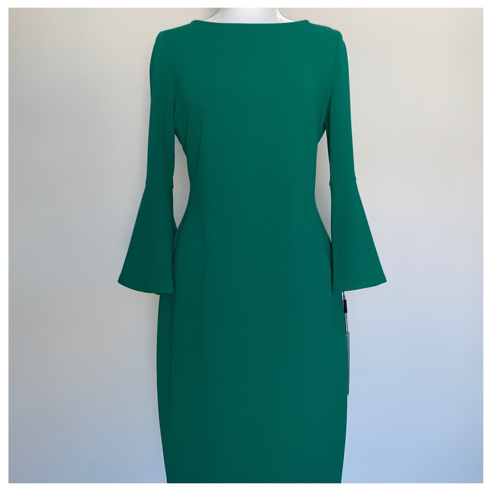 Calvin Klein green dress size 6 sheath, bell cuffs